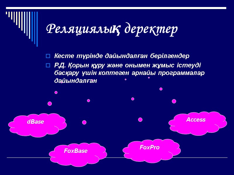 Реляциялық деректер Кесте түрінде дайындалған берілгендер Р.Д. Қорын құру және онымен жұмыс істеуді басқару